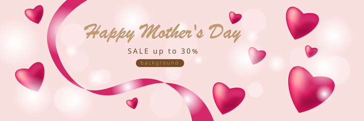 pink background for mother's day with pink hearts and ribbons