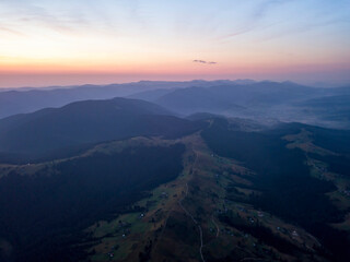 Ukrainian Carpathians mountains on a summer morning. Aerial drone view.