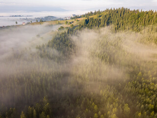 Morning mist in Ukrainian Carpathian mountains. Aerial drone view.