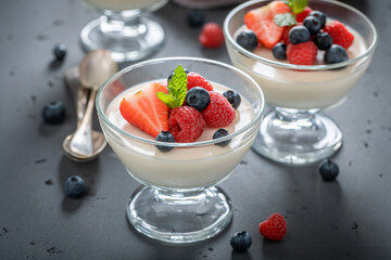 Delicious and cold Panna Cotta made of cream and vanilla.