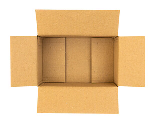 Open empty brown cardboard box isolated on white background top view