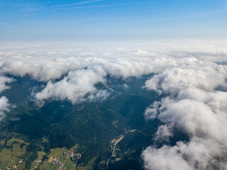 High flight in the mountains of the Ukrainian Carpathians. Aerial drone view.