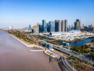Fototapeta premium aerial photography hangzhou city architecture landscape skyline