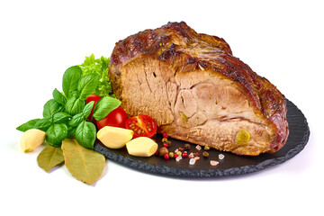 Baked pork roast, spicy meat, close-up, isolated on white background.