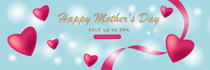 light blue background for mother's day with pink hearts and ribbon