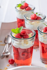 Homemade red jelly made of gelatin and red fruits.