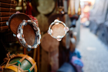 Moroccan souvenir shop with musical instruments.