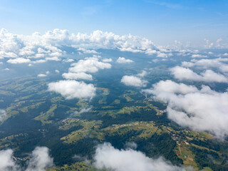 Fototapeta premium High flight in the mountains of the Ukrainian Carpathians. Aerial drone view.