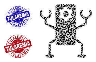 Round TULAREMIA rough watermarks with caption inside round shapes, and debris mosaic nanobot icon. Blue and red seals includes TULAREMIA caption. Nanobot mosaic icon of debris particles.