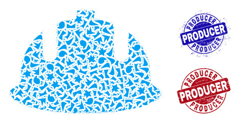 Round PRODUCER rough watermarks with caption inside round shapes, and shard mosaic construction helmet icon. Blue and red stamp seals includes PRODUCER caption.