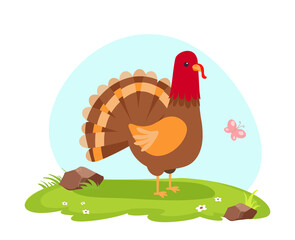 Adorable turkey on summer landscape isolated on white. Amusing farm poultry, domestic or barnyard bird, wild fowl, Thanksgiving symbol, mascot. Childish colorful flat cartoon vector illustration.