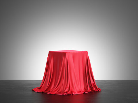 Red silk cloth on Empty podium on dark background - 3d rendering