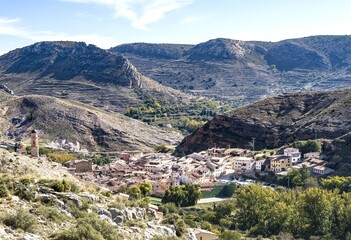Fototapeta na wymiar Molinos, Maestrazgo, Teruel, Aragon, Spain, picturesque and beautiful town nestled between the mountains with karstic formations