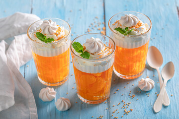 Tasty and homemade orange jelly with whipped cream and tangerines.