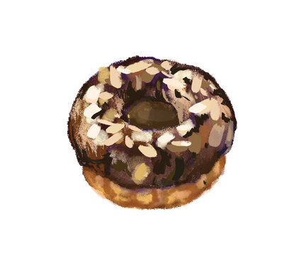 Dark brown round muffin dessert with almonds in digital painting illustration art design