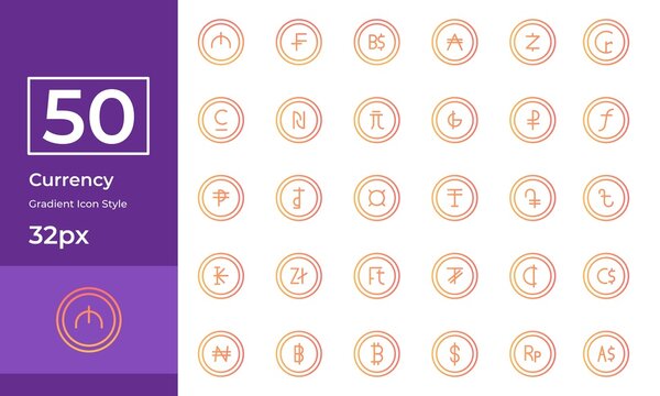 Simple Currency icon set Gradient style. Contain such euro, rupiah, dollar, bitcoin, and more.