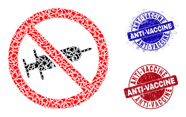 Round ANTI-VACCINE dirty stamp imitations with caption inside round forms, and shard mosaic no syringe drugs icon. Blue and red stamps includes ANTI-VACCINE caption.