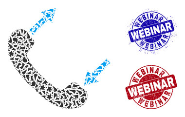 Round WEBINAR rough stamp seals with text inside round forms, and detritus mosaic phone talking icon. Blue and red stamp seals includes WEBINAR text. Phone talking collage icon of shards particles.