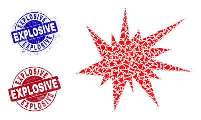 Round EXPLOSIVE rough stamp seals with word inside round shapes, and shard mosaic boom icon. Blue and red stamp seals includes EXPLOSIVE title. Boom mosaic icon of fragment parts. - obrazy, fototapety, plakaty