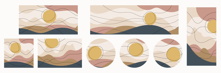 Set of templates of different shapes, vector design. Stylization of the mountain landscape, the sun.