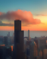 Chicago USA city center skyscrapers and architecture, America travel downtown, drawing in oil wall art print for canvas or paper poster, tourism production design real painting modern artistic artwork