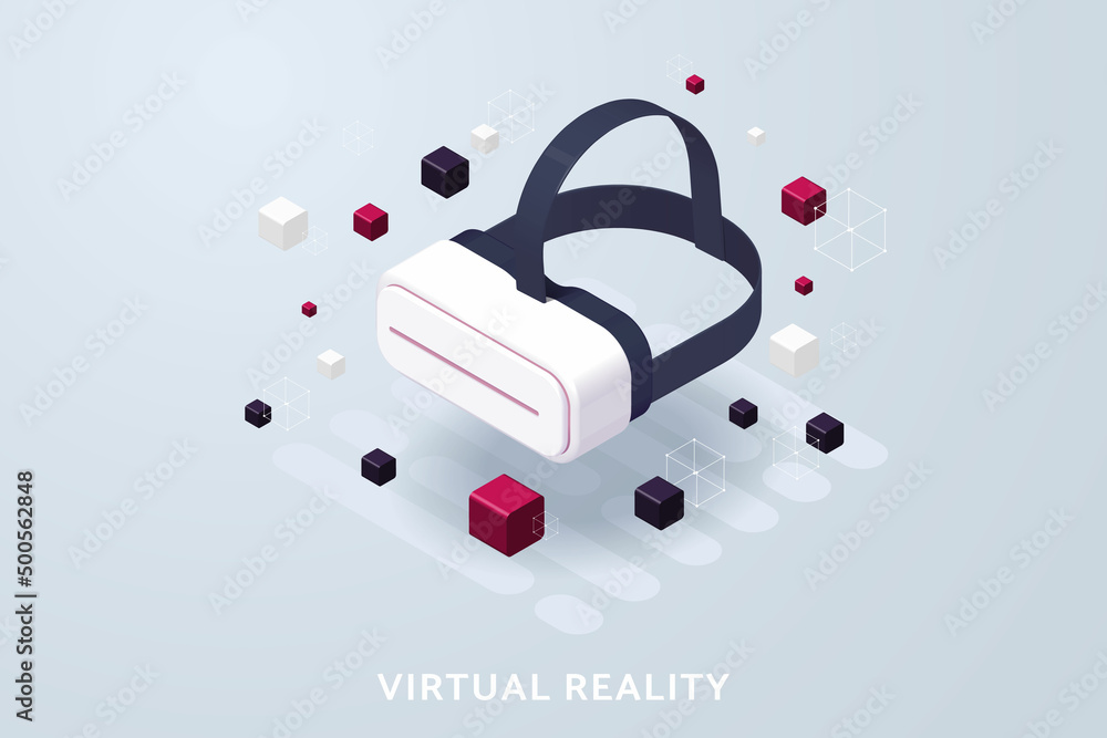 Poster virtual reality glasses with objects floating around