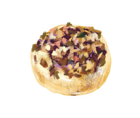 Round brown bread, made of mushrooms, meats and vegetable ingredients in digital illustration art design