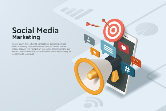 Social media marketing with megaphones and social media icons floating on mobile phone