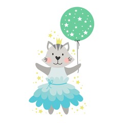 Cute vector illustration of a cat ballerina in a balloon. Design element.