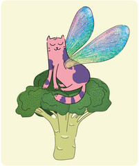 Funny cat with dragonfly wings on broccoli. Funny vector illustration.