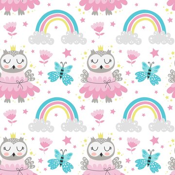 Vector seamless pattern from owl, butterflies, rainbow. Spring background.