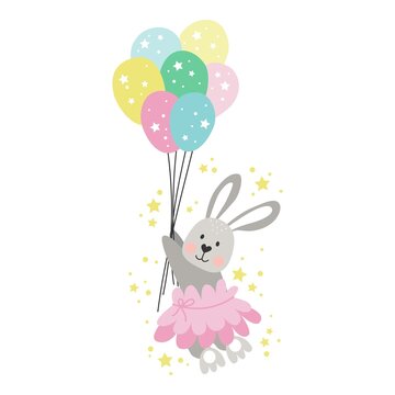 Cute vector illustration of a rabbit on a balloons. Design element.
