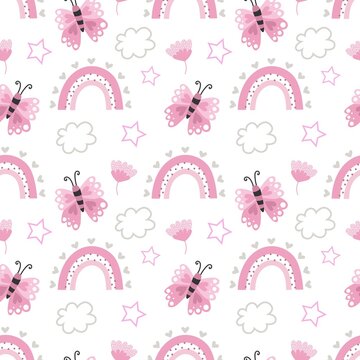 Vector seamless pattern of clouds, butterflies, rainbow. Spring background.