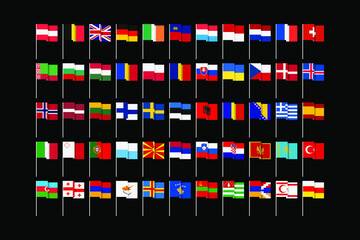 Flags of states and dependent territories of Europe. Unusual, toy, minimal graphic design.