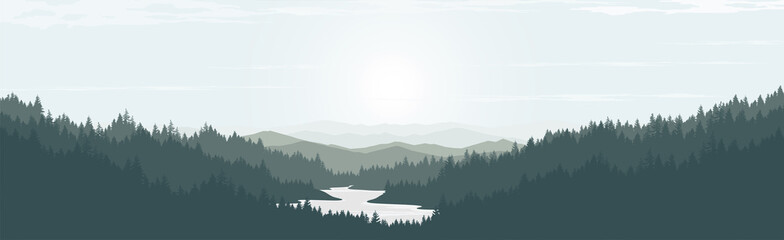 Vector landscape of mountains and lakes. Pine forest in the morning.