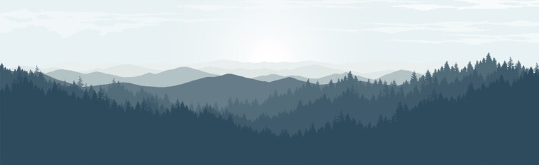 Vector landscape of mountains with fog and pine forest in the morning.