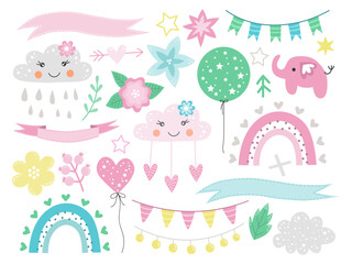 Spring set, hand drawn elements- flowers, birds, rainbow and other. Perfect for scrapbooking, greeting card, party invitation, poster, tag, sticker kit. Vector illustration.