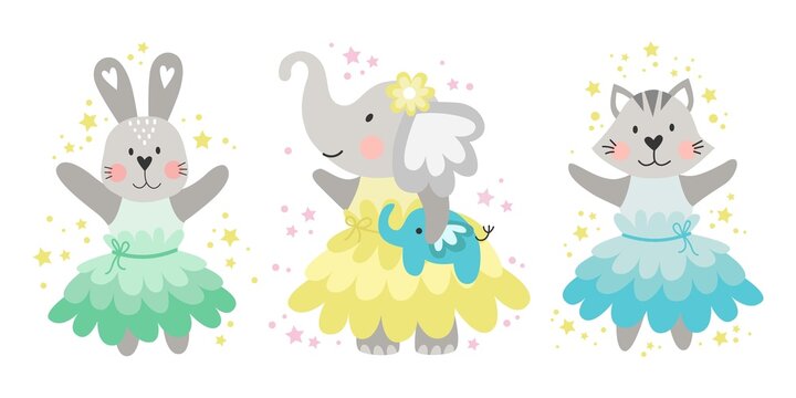 Cute vector illustration of elephant, bunny, cat. Design element.