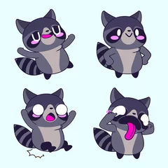 Fotobehang cute raccoon drawing, cute raccoon sticker vector set © soulgie