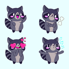 cute raccoon drawing, cute raccoon sticker vector set
