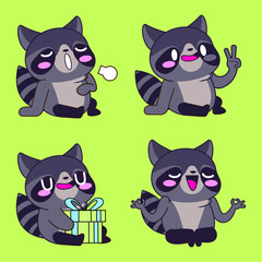 cute raccoon drawing, cute raccoon sticker vector set