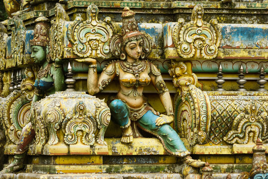 Old statues on the facade of Seetha Amman kovil hindu temple