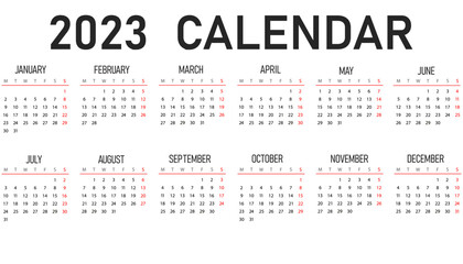 Horizontal vector design of 2022 and 2023 year calendars. 2022 and 2023 calendar on white background for organization and business. The week starts on Monday. - obrazy, fototapety, plakaty