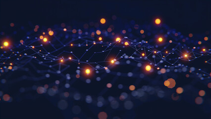 Blue network with bright orange dots and shallow depth of field