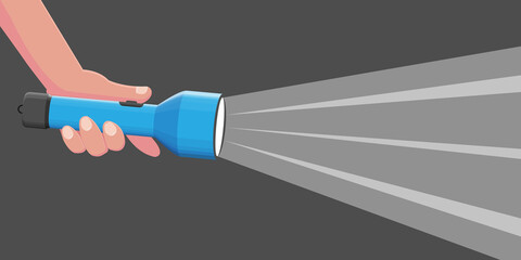 Hand holding flashlight. Web search concept. Electric spotlight. Beam light. Vector illustration in flat style.