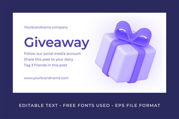 Giveaway social media advertising event promo banner with festive gift box 3d icon template vector illustration. Online marketing competition blogger business communication with place for text