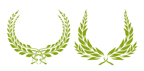 Set of laurel wreaths. Collection of award or victory signs. Heraldry emblem. Olive green color. Vector illustration