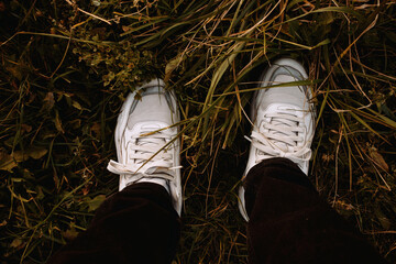white sneakers in the grass