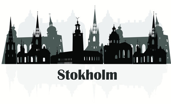 outline silhouette of the city of stockholm in black and white