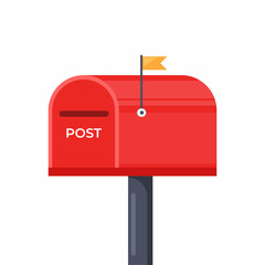 Mailbox with a closed door and raised flag. Red post box, isolated on white background. Vector illustration.